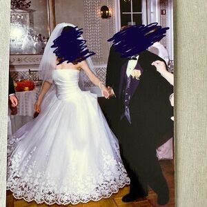 Mon Cheri Wedding dress Princess with ruched strapless bodice + shawl + veil